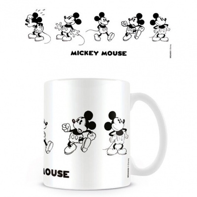 Caneca branca com desenhos a preto e branco do Mickey Mouse e texto MICKEY MOUSE