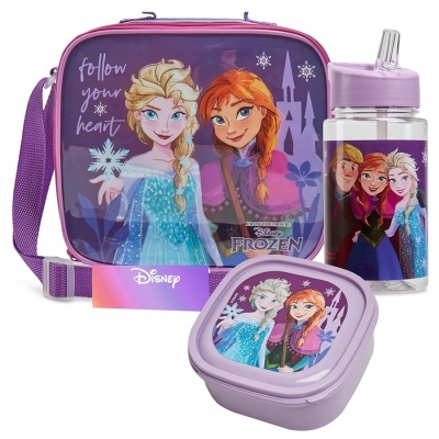 Conjunto de lancheira, garrafa e caixa de comida decorados com personagens Anna e Elsa do filme Frozen