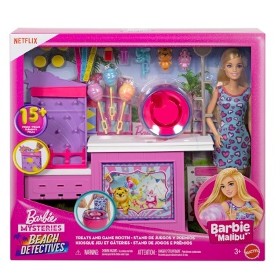 Conjunto de brinquedo Barbie Mysteries Beach Detectives com boneca e barra de jogos e guloseimas em embalagem rosa