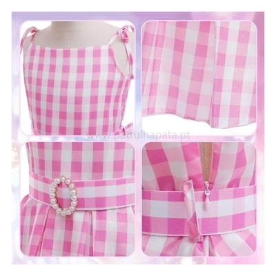 Vestido infantil rosa e branco xadrez com cinto pérolas e alças com laço