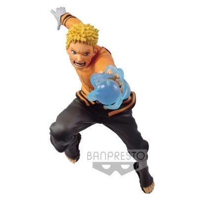 Figura de ação anime com cabelo amarelo, roupa laranja e efeito de água azul