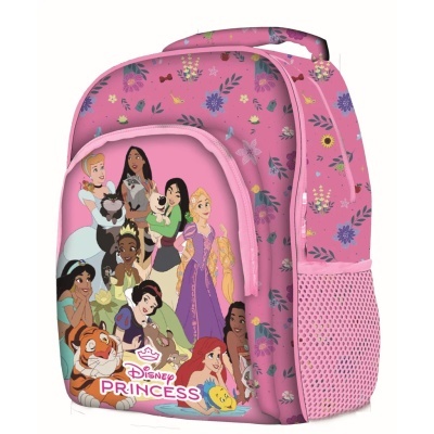 Mochila rosa Disney com princesas e padrão floral.
