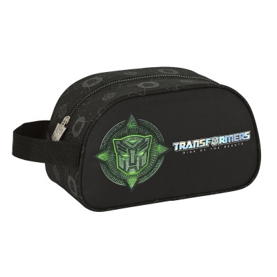 Necessaire preta com símbolo verde dos Transformers e texto