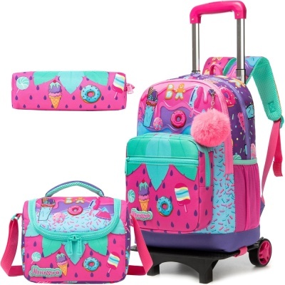 Conjunto colorido de mochila de rodinhas, estojo e bolsa térmica com estampado de doces.