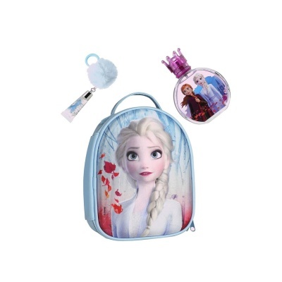 mochila azul pequena com estampa Elsa Frozen, porta-chaves pompom e frasco coroa com imagens