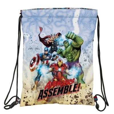Mochila saco Avengers com personagens e texto colorido