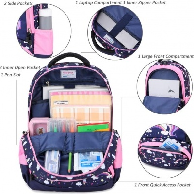 mochila azul e rosa com unicórnios, múltiplos compartimentos abertos