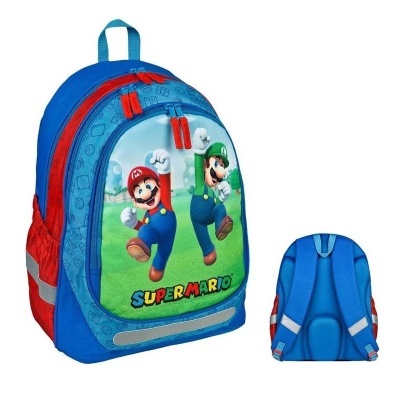 Mochila infantil azul com estampa Super Mario, detalhes vermelhos e alças acolchoadas
