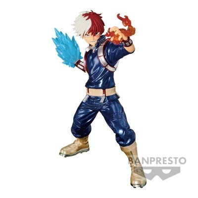 Figura Shoto Todoroki com gelo e fogo, roupa azul e botas bege