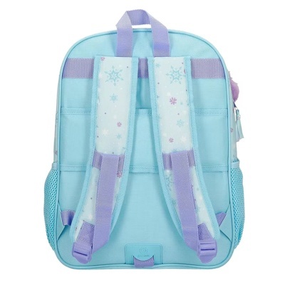 Mochila azul clara com padrão de flocos de neve e alças lilases