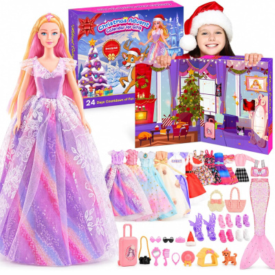 Boneca com vestido roxo e rosa, calendário de advento e acessórios variados de brinquedo