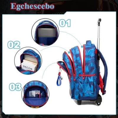 Mochila de carrinho azul com padrão geométrico e três compartimentos exibida de lado