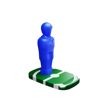 Boneco azul de matraquilhos sobre base verde com linhas brancas