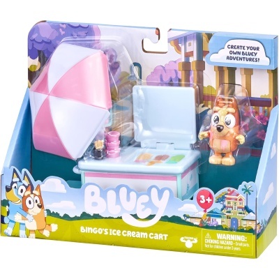 Carrinho de gelados de brinquedo Bluey com guarda-sol e personagem em embalagem colorida