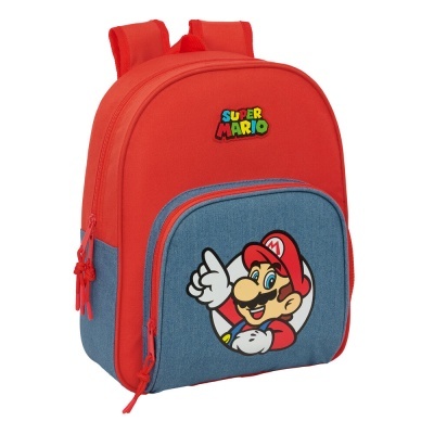 Mochila infantil Super Mario vermelha e azul com imagem do personagem e texto SUPER MARIO