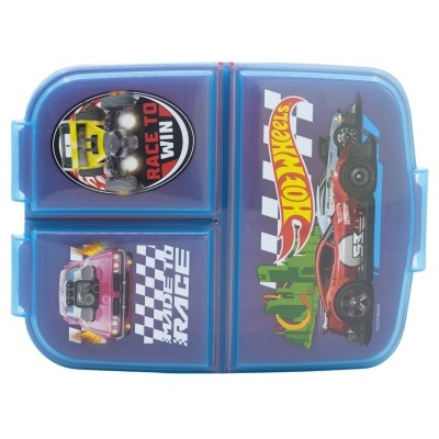 Estojo azul com imagens de carros Hot Wheels e texto promocional.