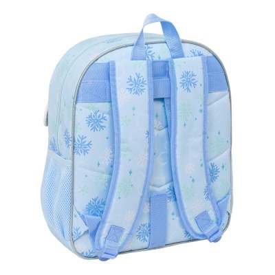 Mochila azul clara com padrão de flocos de neve, alças acolchoadas e bolso lateral em rede