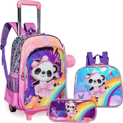 Conjunto mochila de rodinhas, mochila e estojo com panda 3D colorido