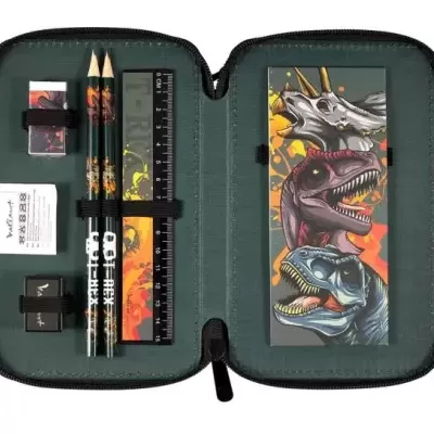 Estojo escolar com lápis, régua e ilustração de dinossauros