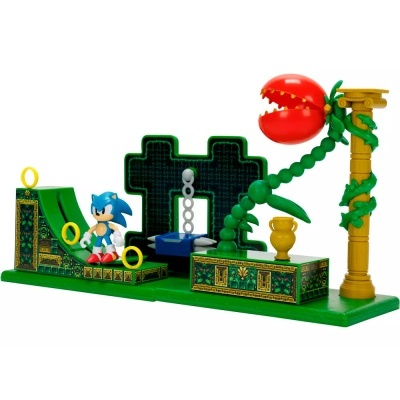 Brinquedo Sonic em cenário verde com planta carnívora vermelha e coluna dourada