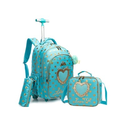 Conjunto de mochila com rodas azul turquesa e dourado com padrão de corações