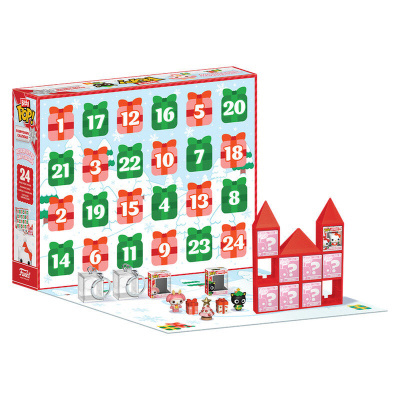 Calendário de advento Funko POP! com caixas numeradas em verde e vermelho e figuras colecionáveis.