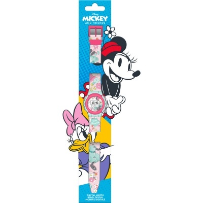 Relógio digital infantil Disney com bracelete rosa e azul e personagens Daisy e Minnie