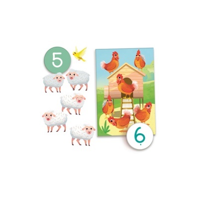 Figuras de ovelhas e galinhas com números 5 e 6 em fundo branco