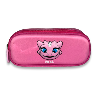 Estojo escolar rosa com rosto de dragão e texto VIENA