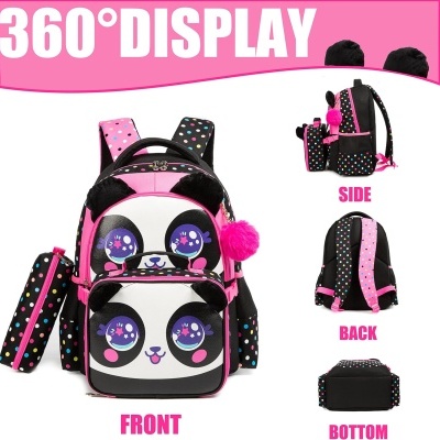 Mochila infantil panda rosa preto branco com bolinhas coloridas e estojo