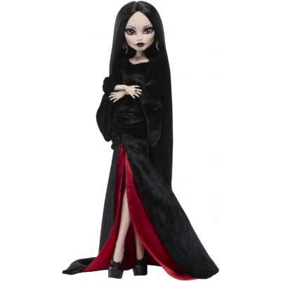 Boneca colecionável com vestido preto e cabelo comprido preto