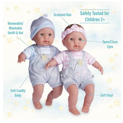 Duas bonecas baby com roupa azul e rosa vestidas, corpo em vinil macio e características de segurança para crianças