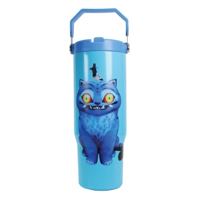 Garrafa térmica azul com ilustração de gato azul e pássaro preto