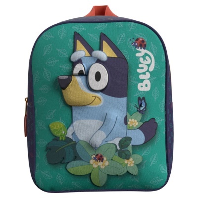Mochila infantil com cão azul e elementos da natureza em relevo