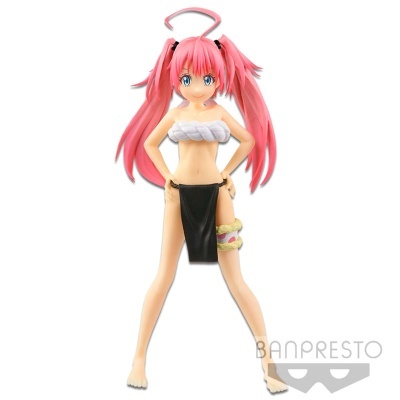 Figurina anime feminina com cabelo rosa e biquíni branco e preto