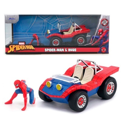 Veículo de brinquedo vermelho e azul com figura do Homem-Aranha e embalagem temática Spider-Man.