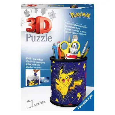 Embalagem de puzzle 3D Ravensburger com design Pokémon Pikachu e texto em várias línguas.