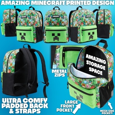 Mochila com estampa de Minecraft, bolso frontal verde e alças acolchoadas pretas