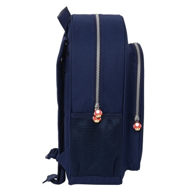 Mochila azul escura com fecho e puxadores decorados