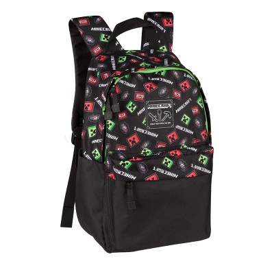 Mochila preta com padrão colorido de Minecraft