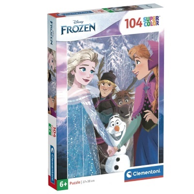Caixa de puzzle 104 peças Disney Frozen com personagens Elsa, Anna, Kristoff, Sven e Olaf