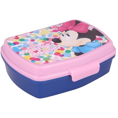 Marmita plástica rosa e azul com imagem da Minnie Mouse