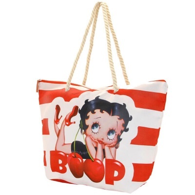 Saco de praia vermelho e branco com imagem de Betty Boop e cerejas