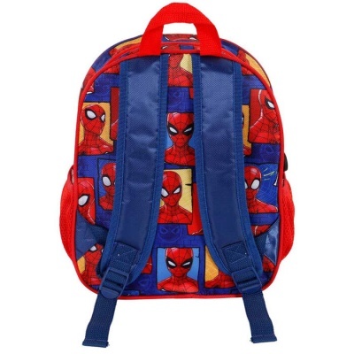 mochila infantil com padrão de Homem-Aranha azul e vermelho