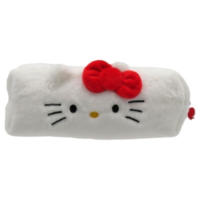Estojo de pelúcia branco com rosto da Hello Kitty e laço vermelho