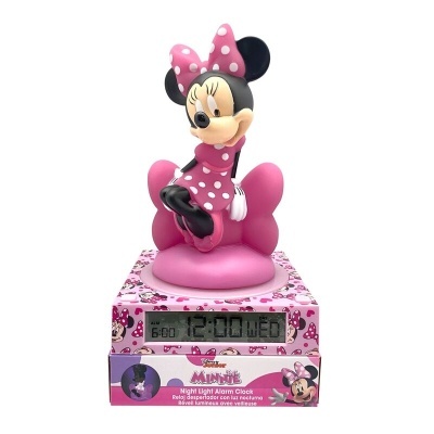 Relógio de alarme temático da Minnie Mouse com base rosa e ecrã digital
