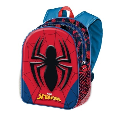 Mochila infantil Spider-Man com design vermelho e azul e aranha preta