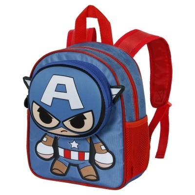 Mochila infantil azul com estampa do Capitão América e detalhes vermelhos