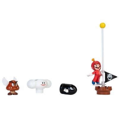 Figuras de brinquedo Super Mario com Goomba alado, nuvem, bala e Mario em base com bandeira