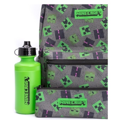 Mochila e garrafa com tema MINECRAFT em cinza, verde e preto.